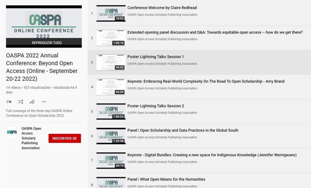 A imagem apresenta uma imagem da lista de vídeos das palestras ministradas na Conferência OASPA 2022 e mostra conteúdo redundante para texto real próximo.